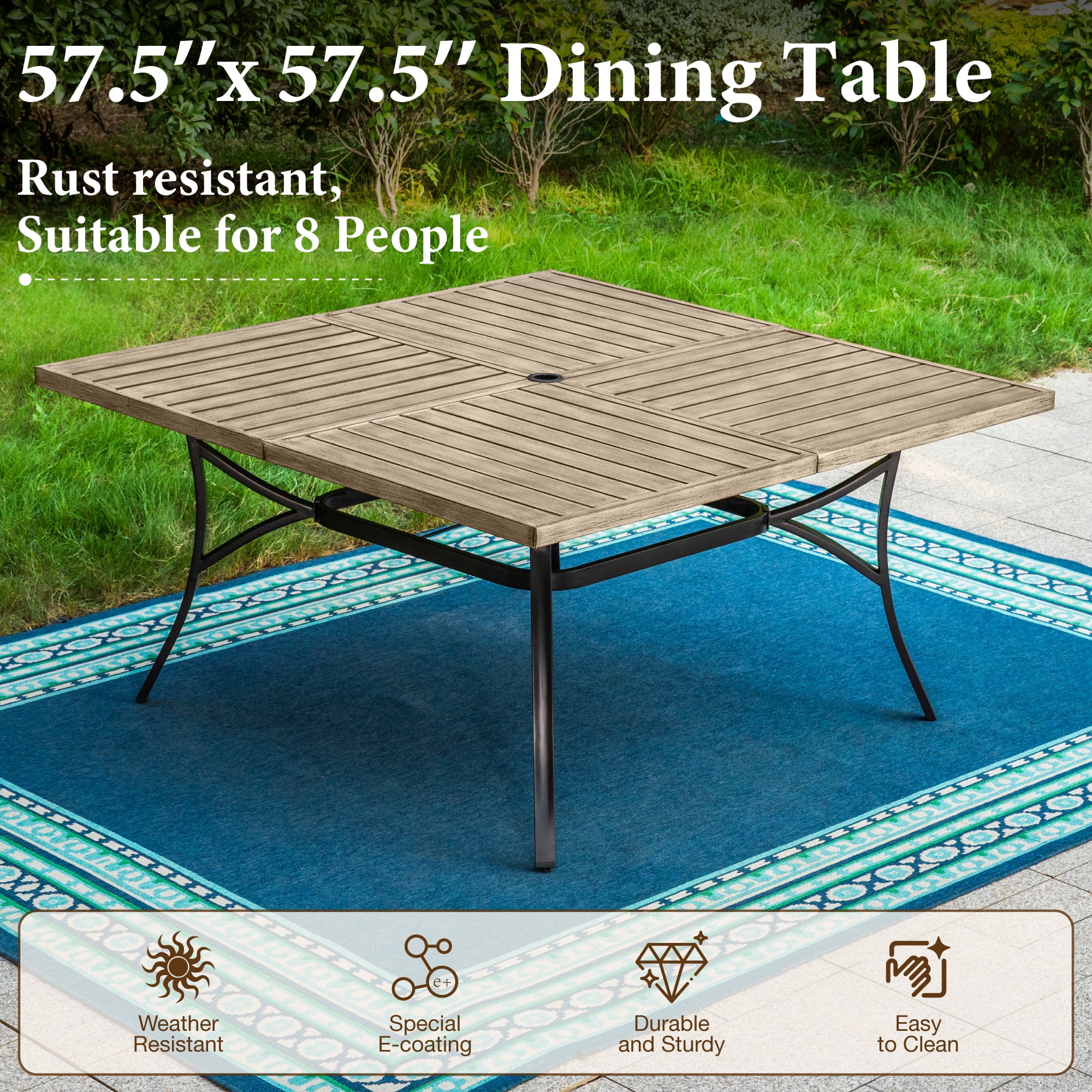 MF Studio 57.5” Square Outdoor Patio Dining Table with Umbrella Hole & Wood-Grain Table Top for 8