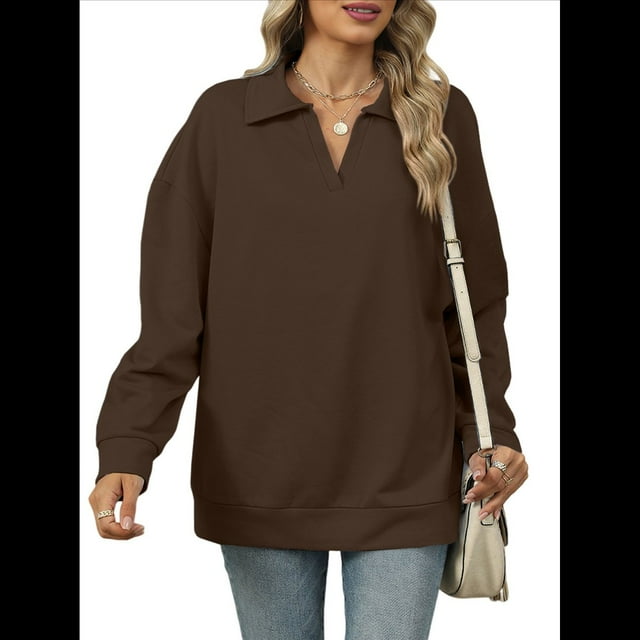 de Larga con Cuello en V para Mujer, Sudaderas Ligeras, Ropa de Moda de Otoño 2025. Café L
