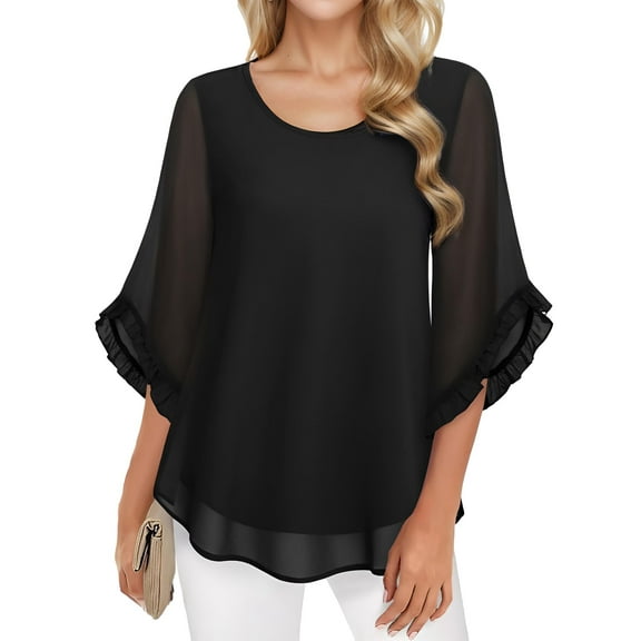 Weardear Women's 3/4 Ruffle Sleeve Blouse Round neck Tops Double Layers Flowy Shirts Elegant Chiffon Blouses