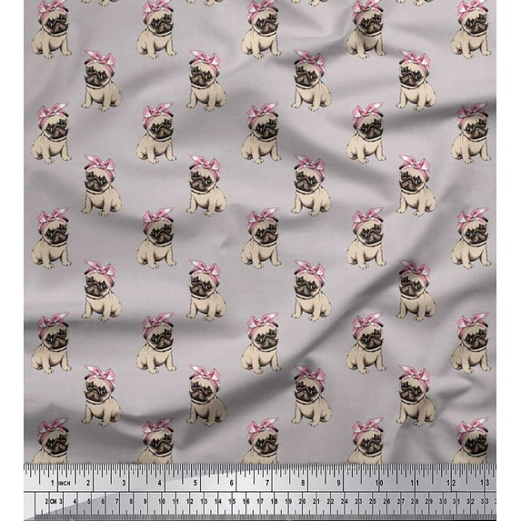 Soimoi Japan Crepe Satin Fabric Pug Dog Printed Craft Fabric by The Yard 42 Inch Wide