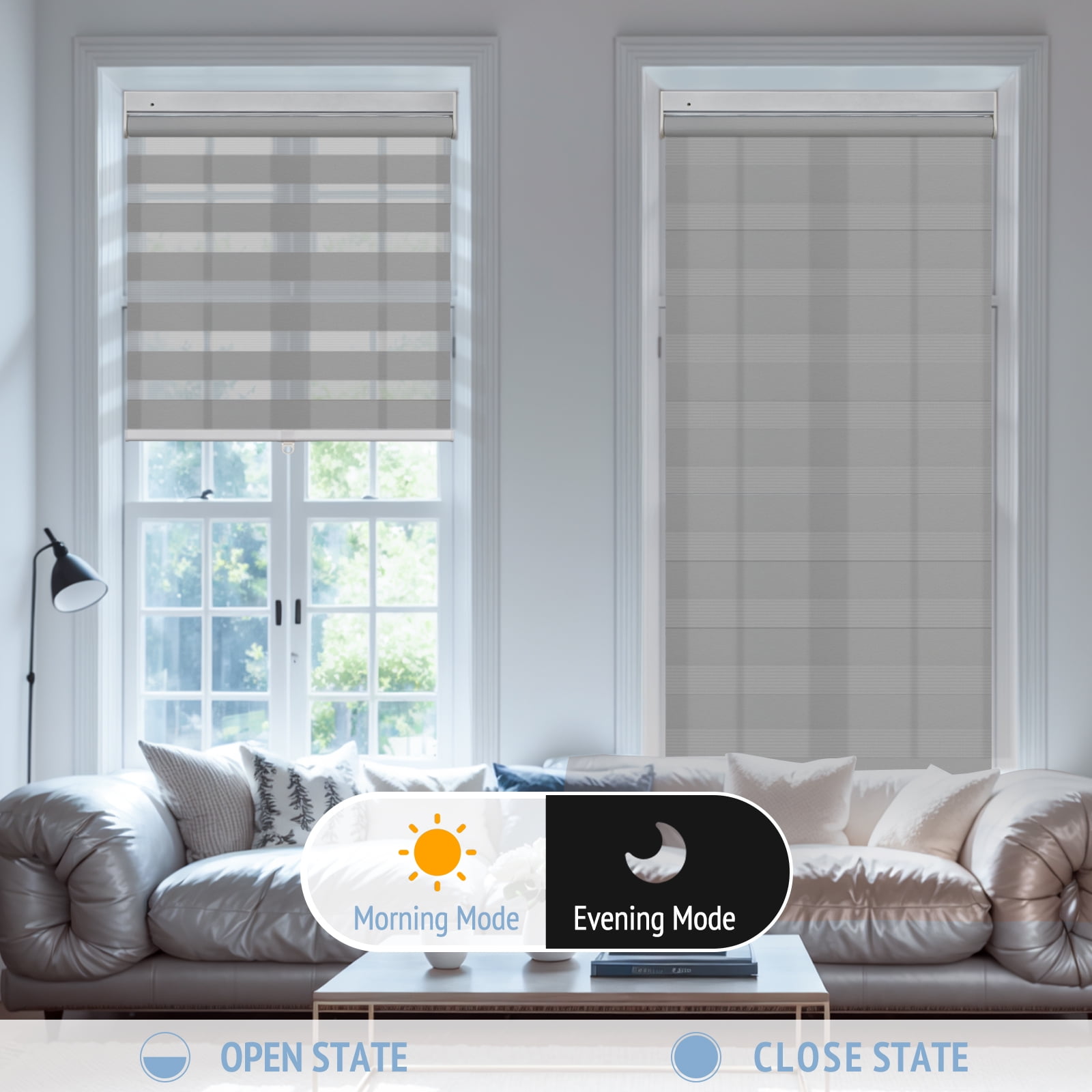 Keego No Drill No Tool Motorized Zebra Shades Blinds Remote Control Dual Layer Roller Shades Light Filtering Window Treatment - DimGray, 55"W x 40"H