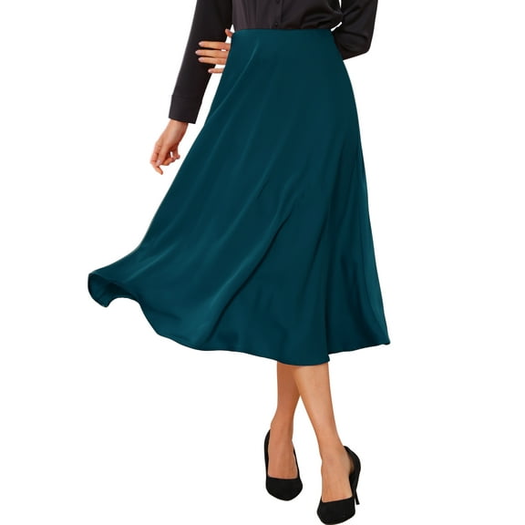 INSPIRE CHIC Women's Skirt Satin High Waist A-Line Elastic Flared Casual Midi Skirts XS Lake Blue
