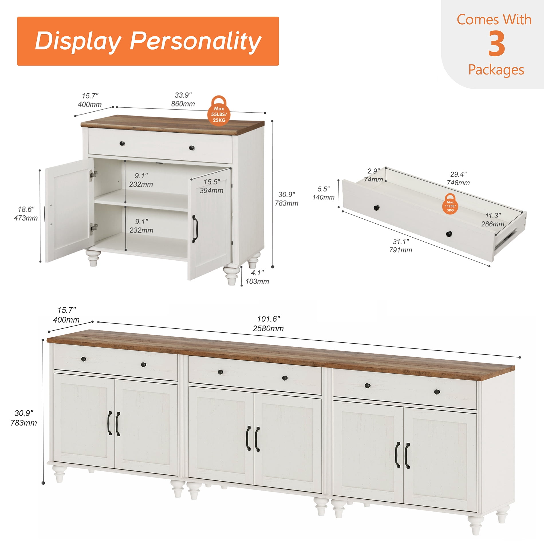 Credenzas & Sideboards with 6 Doors and 3 Drawers, Large Coffee Bar Table Wooden Kitchen Storage Cabinets, Modern Farmhouse Buffet Cabinet for Dining Room, White, 101 Inch