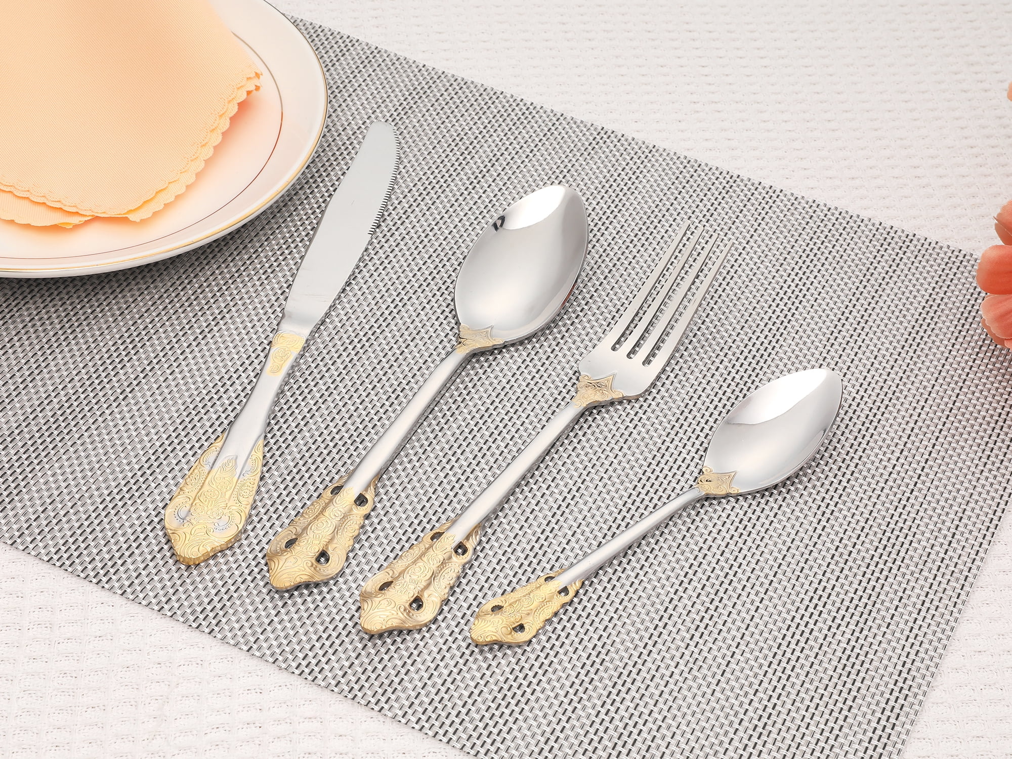Unique Bargains Silverware Set Stainless Steel Flatware Silver Gold 4 Pcs