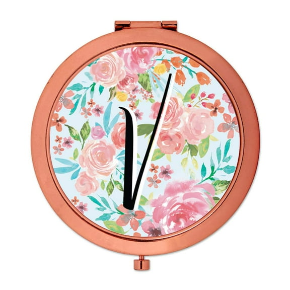 Koyal Wholesale Compact Mirror Bridesmaid's Wedding Gift, Rose Gold, Monogram Letter V, Tea Party Pink Floral Flowers