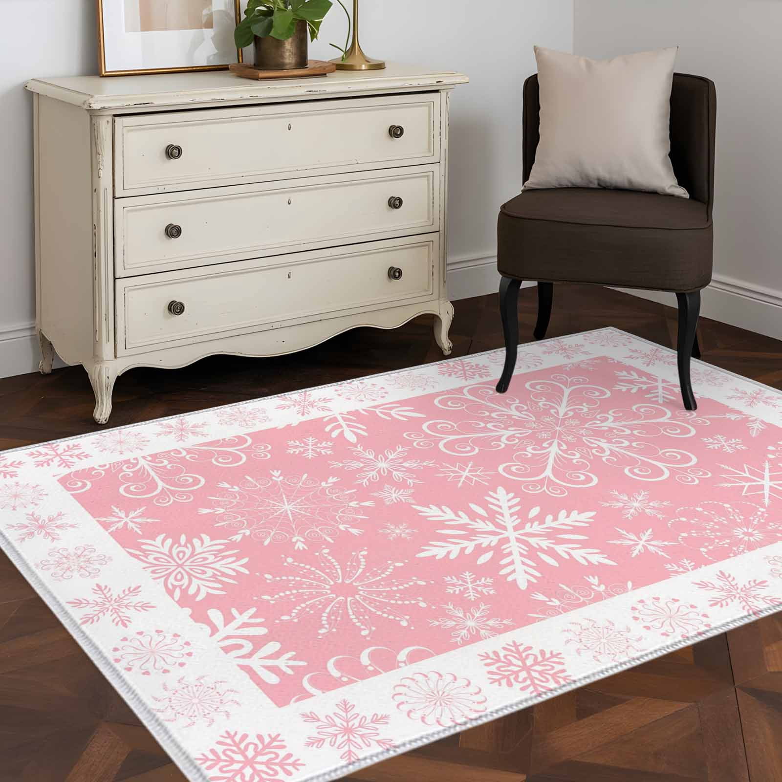 Snowflakes Christmas Area Rug 3x5 Washable Rug Non Slip Pink Xmas Winter Vintage Large Area Rug Indoor Floor Carpet for Entryway Bedroom Kitchen Living Room Home Office Dining Room Nursery