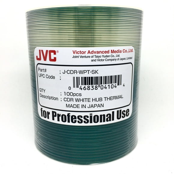 JVC/TAIYO YUDEN CD-R 80MIN/700MB 52X White Hub Thermal EVEREST Printable Surface, No Stacking Ring Surface 100pcs Bulk Clear Wrap