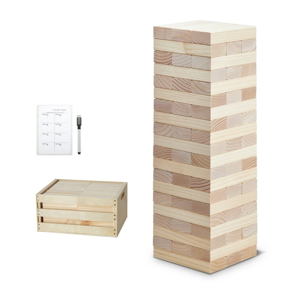 KFFKFF Outdoor Game Giant Tumble Tower, Comprising 60 Large Pine Wood Stacking Blocks, Comes with a Storage Box and Scoring Board, Ideal for Indoor/Outdoor Family Fun and Games