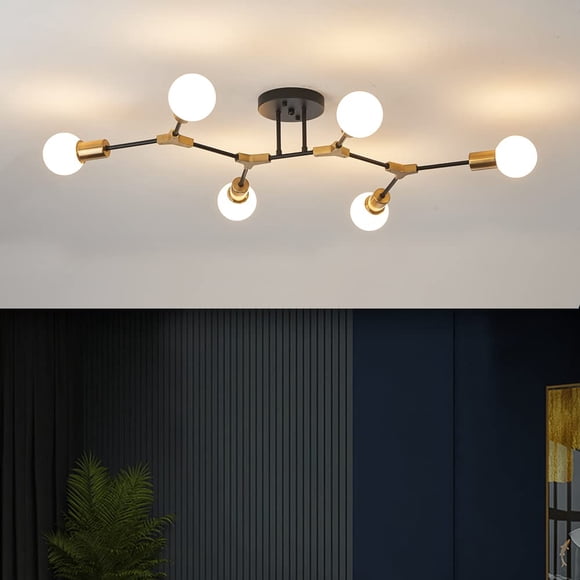 QUOOBE Modern Mid Centur 6 Light Semi Flush Mount Ceiling Lighting Fixture for Living Room Bedroom Dining Room Hallway Kitchen Office,Minimalist Gold