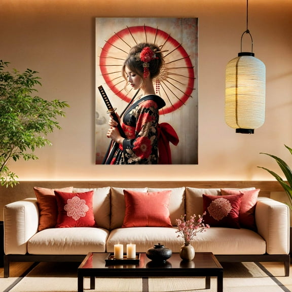Serene Warrior Geisha Katana & Umbrella Canvas Art - Elegant Japanese Wall Decor