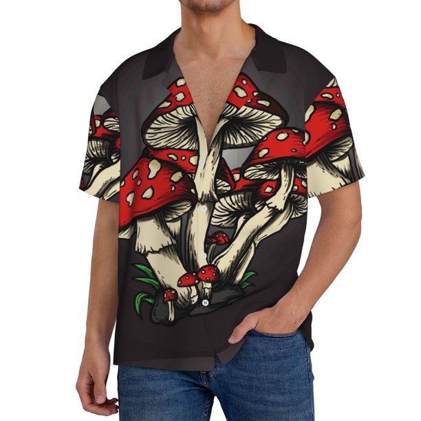 Balery Red Mushrooms Camisa Casual de Manga Corta con Botones para Hombre, Texturizada, Estilo Cubano, para Playa, Verano-4X-Large