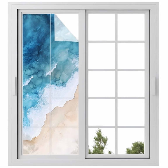 Ocean Beach Window Privacy Film Blue Gradient Waves Summer Coastal Decorative Glass Window Film UV Blocking Static Cling Non-Adhesive Sticker Covering for Home Door 29.5 x 78.7 inches