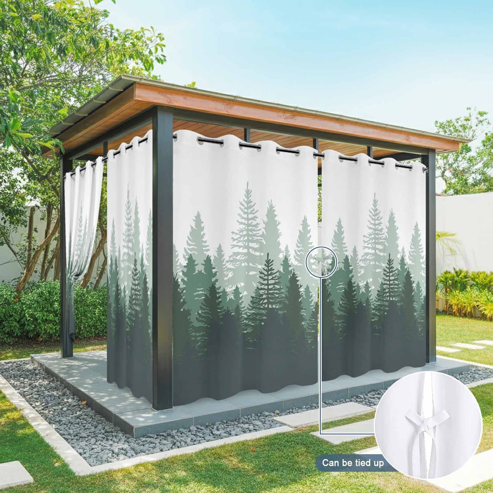 Green Forest Outdoor Curtains for Patio Waterproof, Nature Woodland Tree Misty Forest Silhouette Landscape Grommet Curtains for Porch Outside Privacy Drape for Gazebo Garden Pergola, 1 Panel, 54x84in