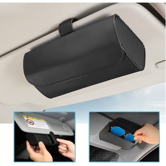 Sunglasses Holder for Car Sun Visor, Leather Glasses Storage Case,with Hidden Magnetic Closure, Vehicle Visor Accessories, Sunglass Holder Organizer Box (Black)