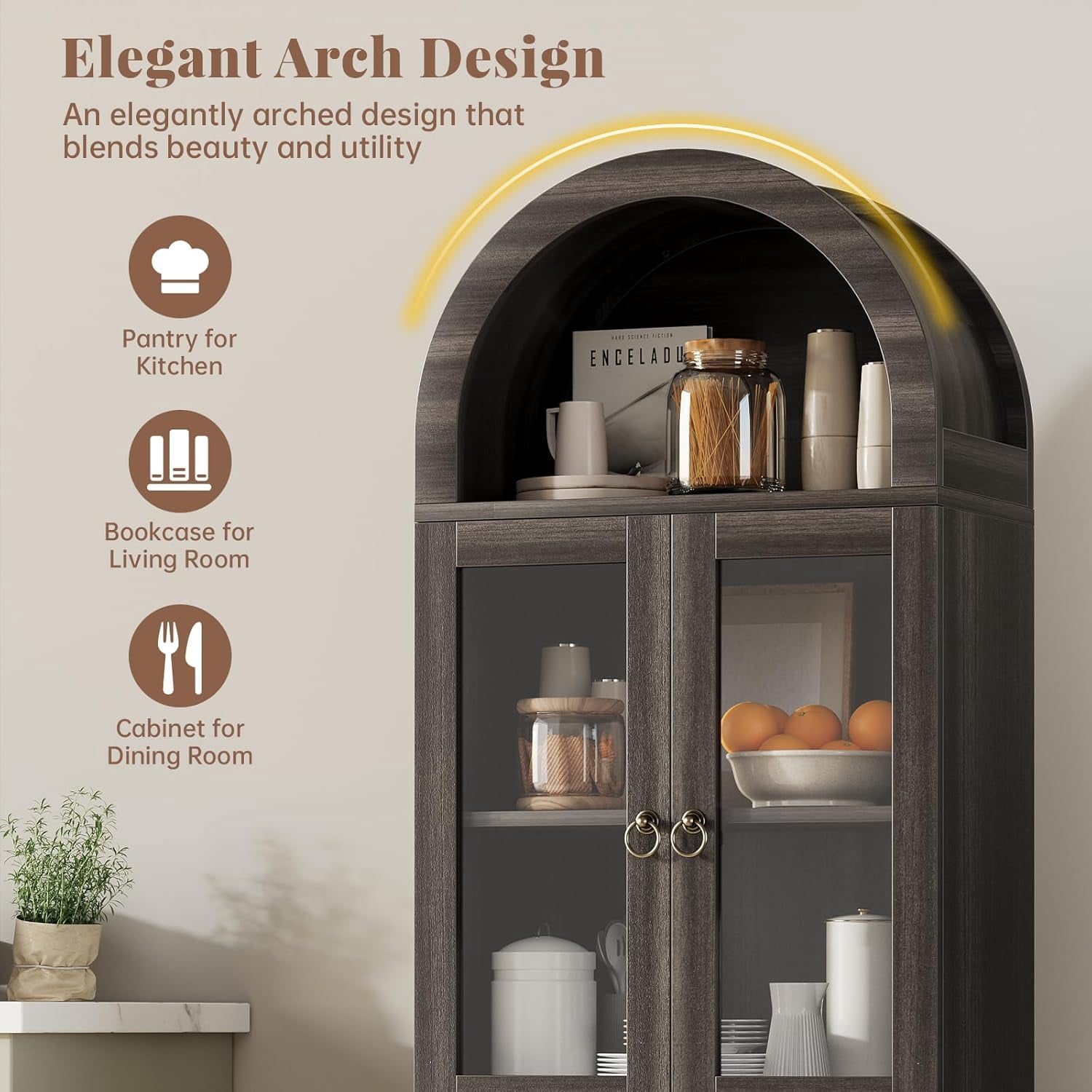 71" Tall Arched Cabinet with Acrylic Glass Door, Modern Curio Arched Bookcase, Display Cabinet Organizer, Kitchen Pantry with Top-Opening Storage Container for Living Dining Room, Black