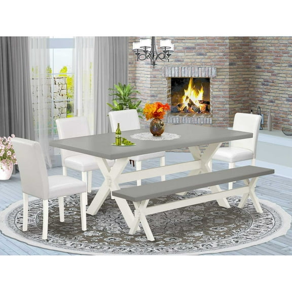 East West Furniture X097AB264-6 6-Piece Stylish Modern Dining Table Set of High Quality Cement Color Wood Dining Table Top and Cement Color Wood Bench and 4 Amazing Pu Leather Padded Parson Chairs...