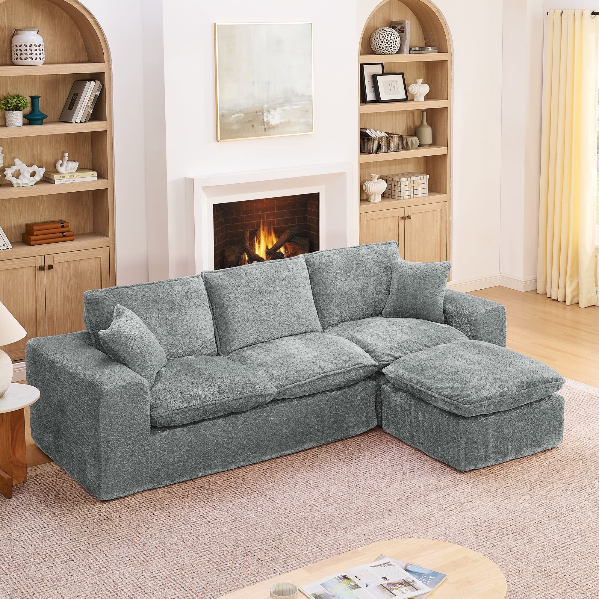 Mintazer 107" Modern L-Shaped Boucle Sectional Sofa with Reversible Ottoman, Cloud Soft Modular Couch with Pillows & Cushion for Living Room, Gray