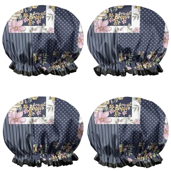 Shower Caps,Pioneer Flower Floral Print Pattern Waterproof Shower Cap for Women 4 Pieces,Double Reusable Hair Cover for Shower PEVA Elastic Stretch Hem