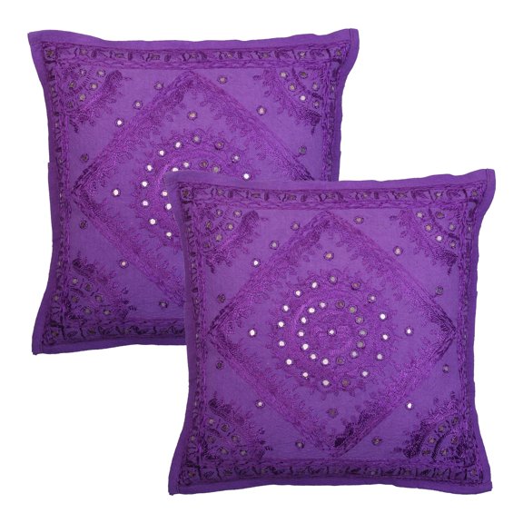 Stylo Culture Indian Decorative Throw Pillow Covers 16 x 16 Hand Embroidered Purple Bohemian 40x40 cm Home Decor Cotton Mirrored Square Cushion Covers | Set Of 2