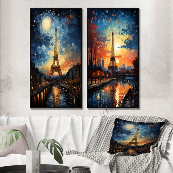 Designart "Eiffel Tower in the 19th Century A Vintage View I" France Framed Wall Art Set Of 2 - Teal Landscapes Framed Canvas Set For Living Room Decor