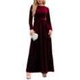 thumbnail image 3 of Yunuqso Women Maxi Dress Round Neck Long Sleeves High Waist Strap Pure Color Long Dress for Fall Winter Dark Red M, 3 of 7