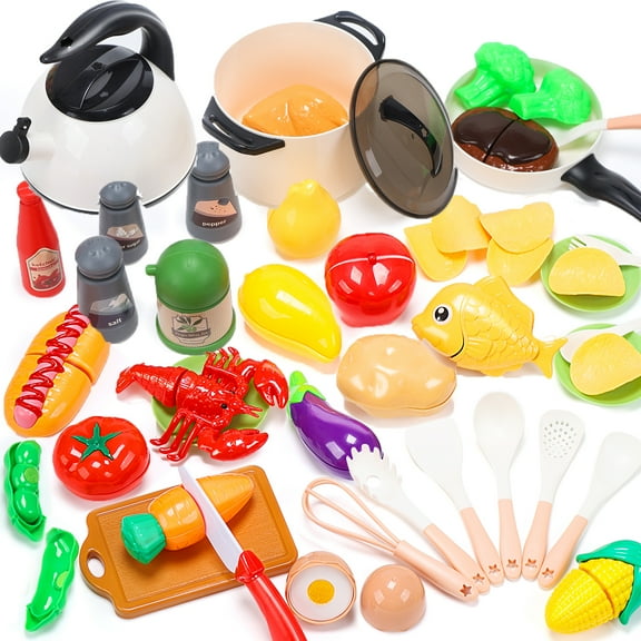 JoyStone 45Pcs Kitchen Cookware for Kids, Toy Kitchen Play Food Set Toddler Kitchen Set with Play Pots Pans, Play Kitchen Gift for Kids Age 3 , White