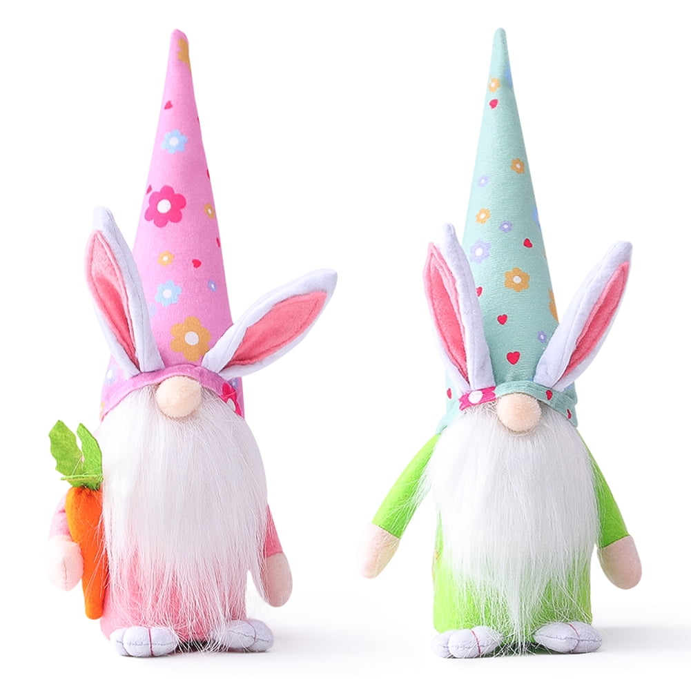 Kepooman 2 Pcs Kids 13" Long Hat Faceless Bunny Doll for Decor Gifts, Pink + Green