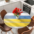 thumbnail image 2 of Abstract Stripe Round Fitted Table Cover Yellow Blue Grey Gradient Abstract Retro Waterproof Table Cloth with Elastic Edge Wipeable Tablecloth for Picnic Camping Party Fits 36"-44" Diameter, 2 of 8