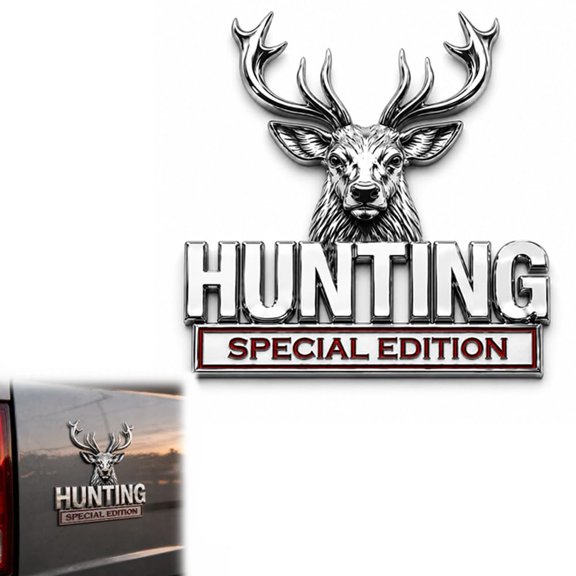 Hunting Special Edition 3D Chrome Metal Car Emblem, SUV Truck Badge, Metal stags heads car emblem for hunters, classic rustic vintage decor and outdoor vehicle accessory