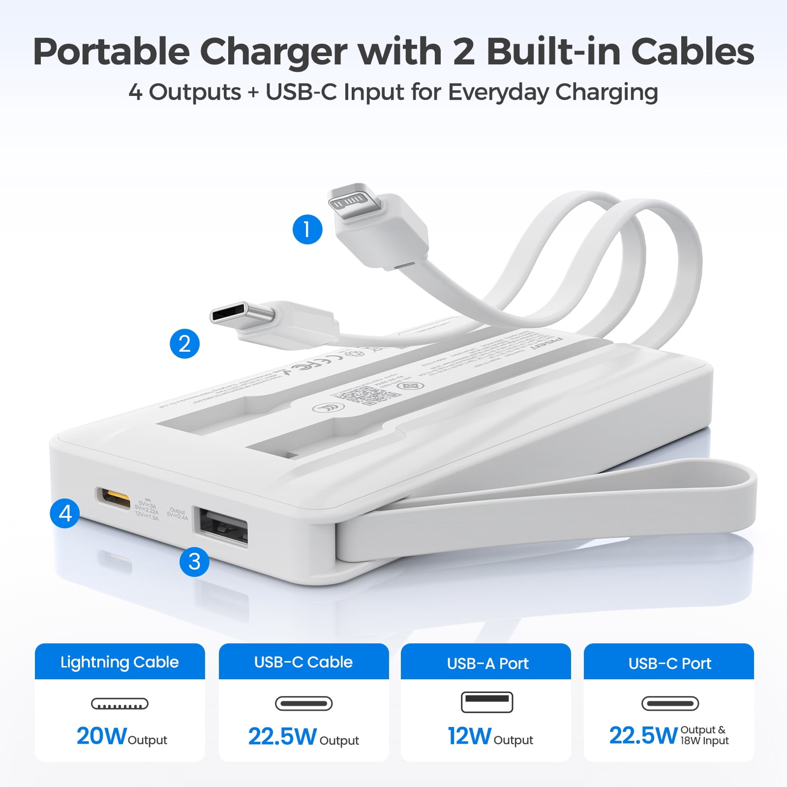 PISEN 3C Certified Power Bank - 10000mAh 22.5W Power Bank with Built in Cable, Travel Battery Pack Portable 3C Charger with LED Display, Portable Charger with Built in Cable for iPhone, Samsung