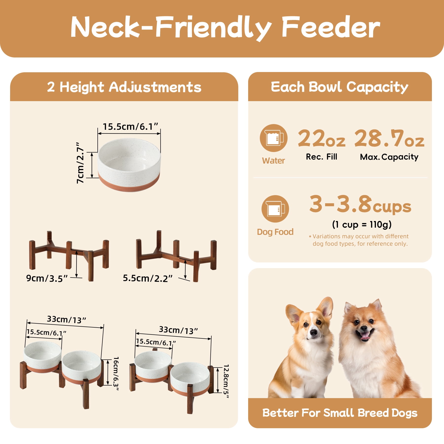 LarqeeWare Ceramic Raised Double Dog Bowls Set with Acacia Wood Stand, 2 Heights Elevated, Food & Water Bowls for Small Dogs 6.1inch (28.2oz, Vanilla White)