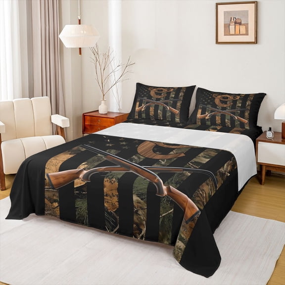 Manfei Camouflage US Flag Full Size Sheets for Child, Hunting Animal Wildlife Bed Sheets, Initial C Letter Sheet Sets, Ultra Soft Bedroom Decor, 4-Piece