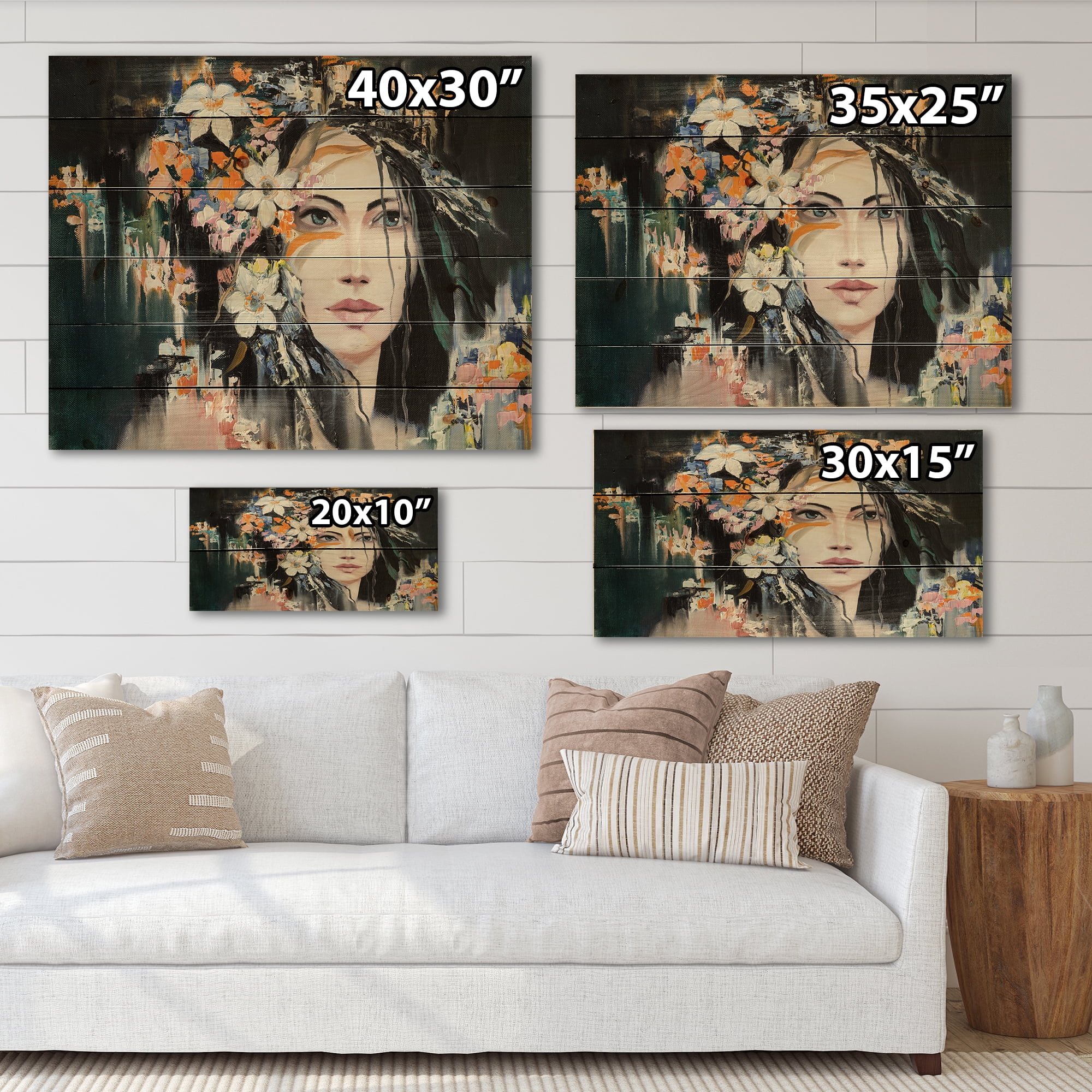 Designart 'Portrait Of A Young Woman With Flowers I' Modern Print on Natural Pine Wood