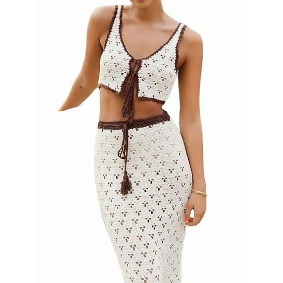 Women 2 Piece Sets Summer Striped Crochet Knit Coverup Sleeveless Button Crop Tank Top Bodycon Maxi Skirt White S