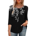 thumbnail image 2 of Jsaierl Women's 3/4 Length Sleeve Tops Summer Crew Neck Shirts Boho Print Ladies Pleated Blouses Going Out Holiday T-shirts Top S-2XL, 2 of 9
