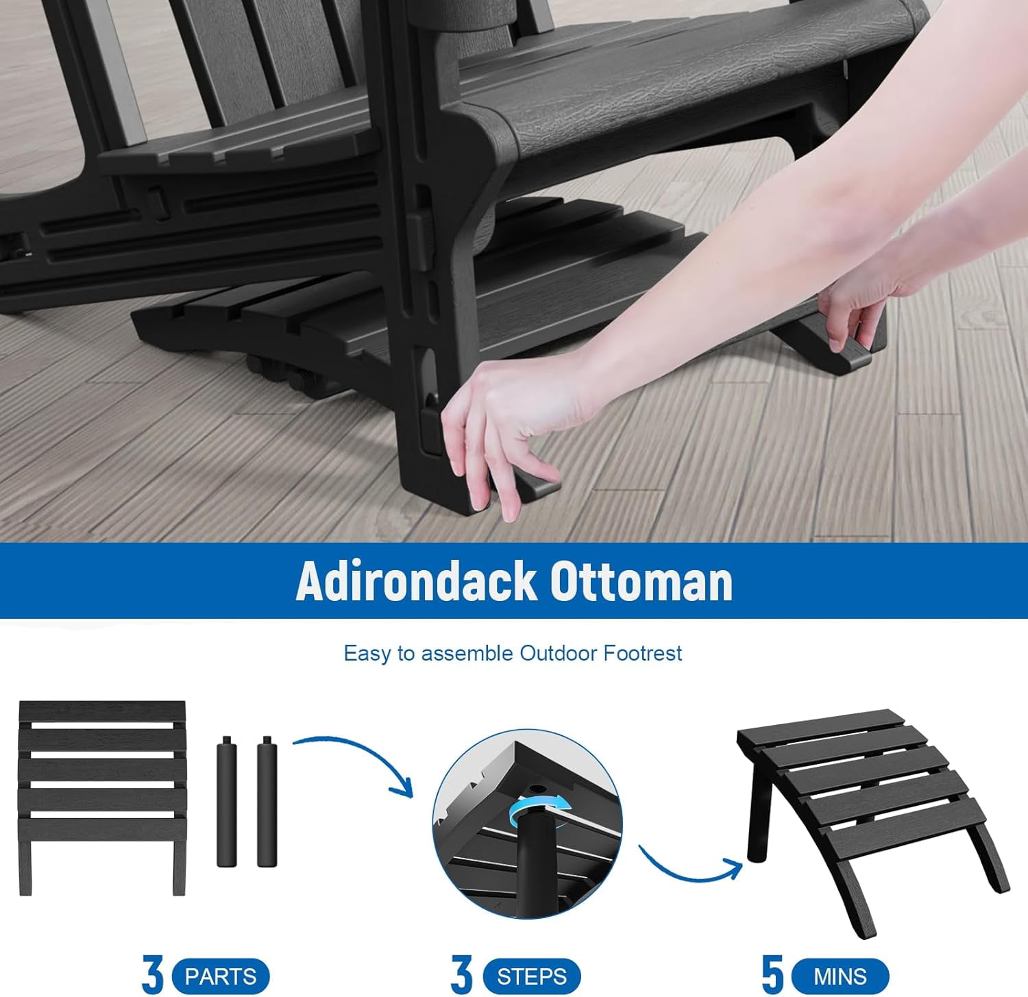 Adirondack Ottoman, HDPE Plastic Adirondack Chair Footstool, All Weather Outdoor Footrest for Patio, Backyard, Lawn, Fire Pits, Black