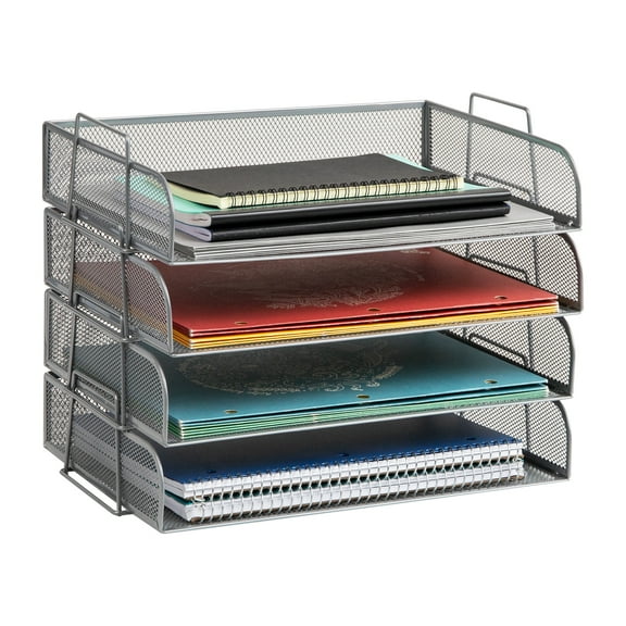 Mind Reader Stackable Paper Tray, Desktop Organizer, Metal, 14"L x 9.75"W x 11.25"H, 4 Pcs., Silver