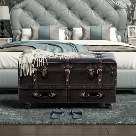 COZAYH Vintage Trunk Large Storage Chest Cabinet with Latch Closure and Buckle for Bedroom Closet Home Organizer Decorative Black Brown