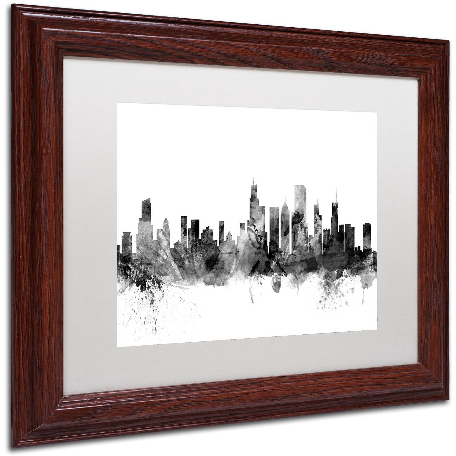 Trademark Fine Art "Chicago Illinois Skyline B&W" Canvas Art by Michael Tompsett, White Matte, Wood Frame