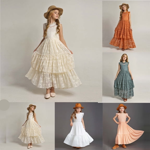 Trendfront Girls Evening Gown Maxi Sleeveless Collared Floral Lace Tiered Mesh Hem Wedding Party Dance Performance