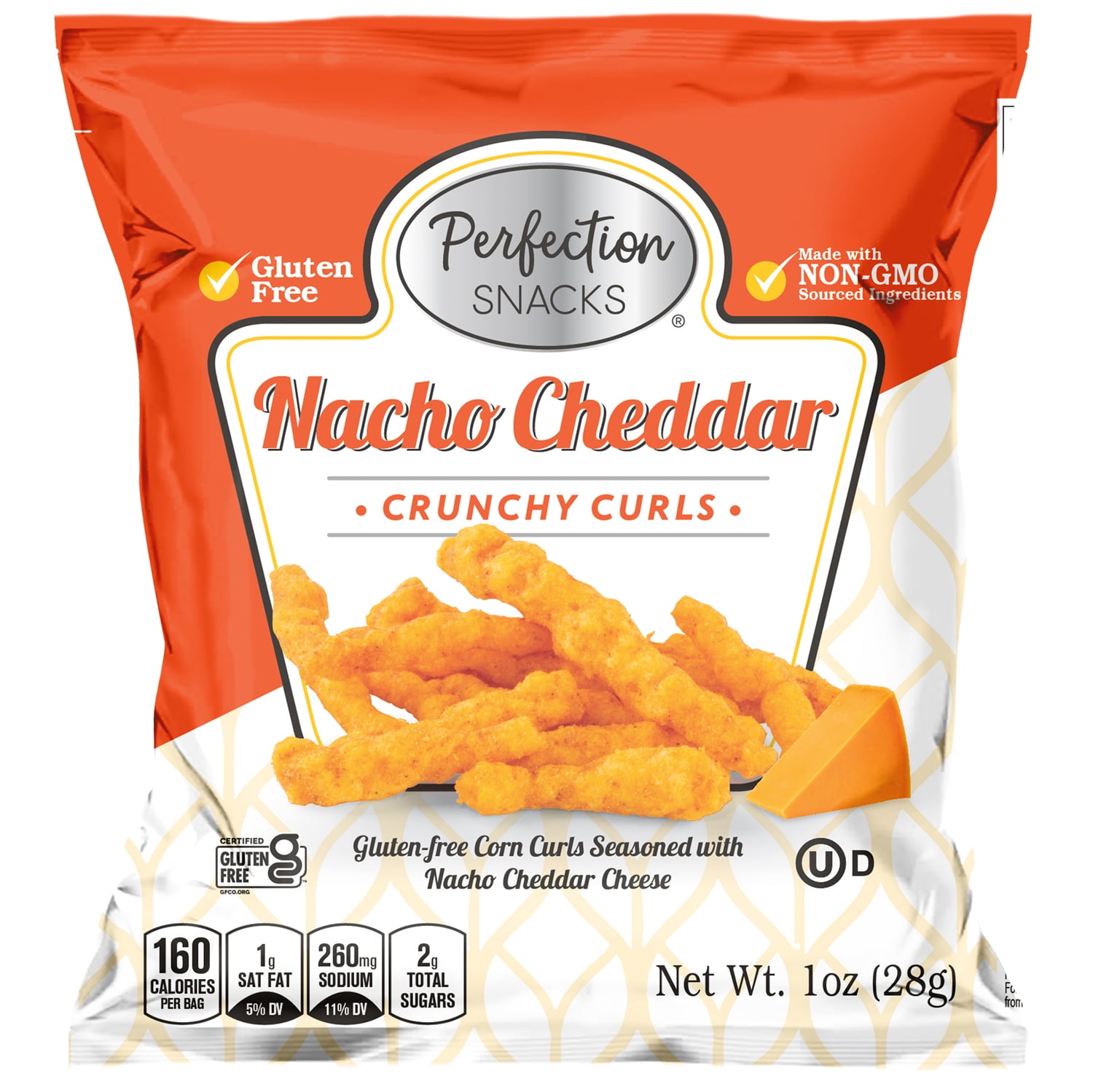 Perfection Snacks Nacho Cheddar Crunchy Curls, Gluten Free, 1oz Bag (20 Pack)
