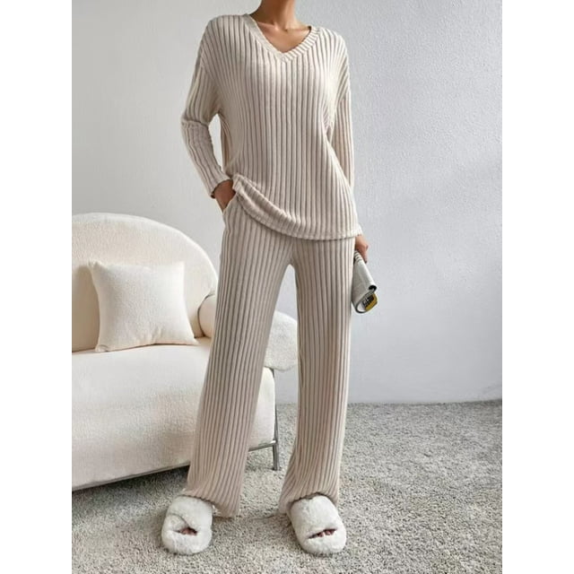 Womens Two Piece Lounge Sets Long Sleeve Knit Pullover Tops Wide Leg Pants Fall Pajamas Sets