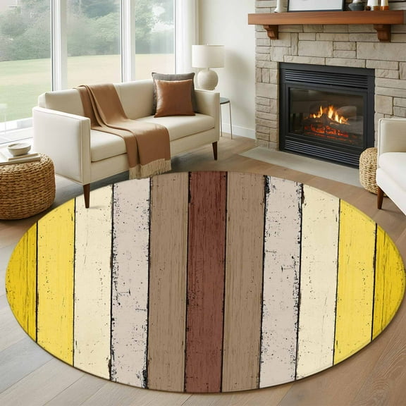 Yellow Brown Round Rug 5ft Washable Circle Kitchen Rugs Non Slip Farmhouse Wood Grain Vintage Striped Large Area Rug Indoor Floor Carpet for Bedroom Living Room Home Office Dining Room Nursery