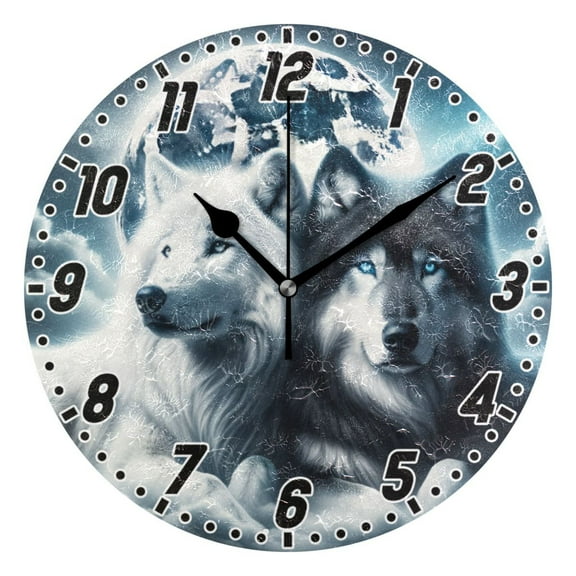 Wolves Lying under Moonlight Round Wall Clock Battery Operated Silent Non-Ticking Bedroom Office Kitchen Home School Decor 10"(Black)