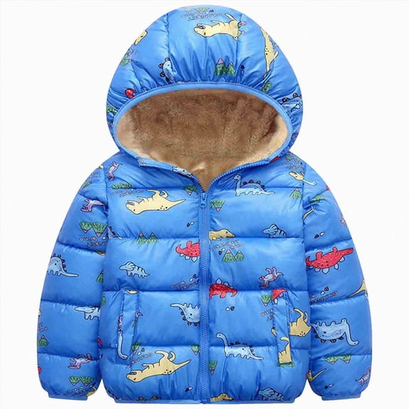 JUMEYU Baby Boy Jackets Fleece Lined Dinosaur Hooded Puffer Jacket for Baby Boys Winter Coat (Sky Blue,12-18 Months)