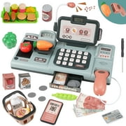 Toy Cash Registers for Kids, 35 Pcs Pretend Play Cash Register with Scanner, Sound, Play Food, Credit Card, Mobile Payment Function, Grocery Store Play Toys for Boys & Girls, Blue