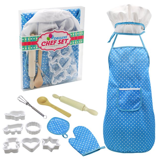 Tignapoo Ensemble de Cuisine pour Enfants avec 13 Outils de Cuisson et Tablier en Bleu, Inclut Chapeau de Chef, Gant de Four, Rouleau et Plus - Matériaux Sûrs pour une Cuisine Familiale Amusante!