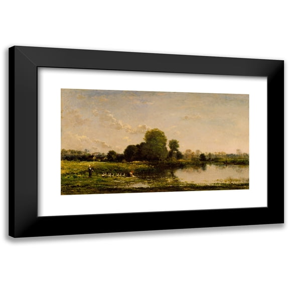 Charles François Daubigny 14x10 Black Modern Framed Museum Art Print Titled - Riverbank with Fowl (1868)