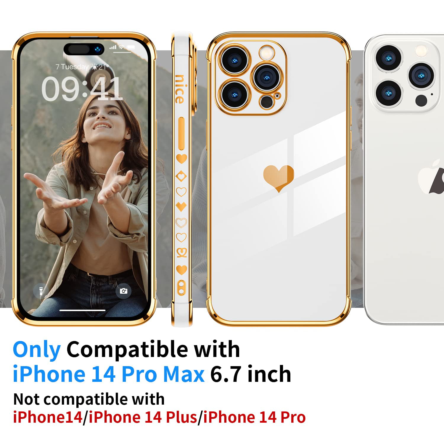  KAPUCTW for iPhone 14 Pro Max Case 6.7 Inch,Cute Gold Love  Heart Cases Cover with Anti-Fall Cameras Protection Soft TPU Bumper  Silicone Shockproof Anti-Fingerprint Phone Cases for Girls Women,Blue : Cell