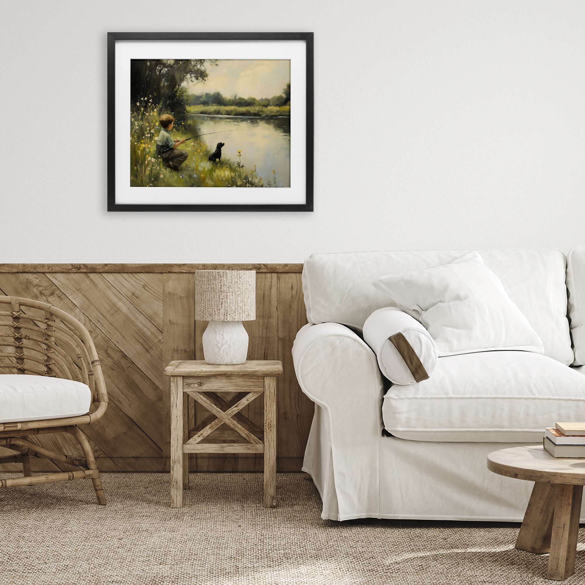 Boy & Puppy Fishing Black Framed Print Under Glass, design by Arlington Prints